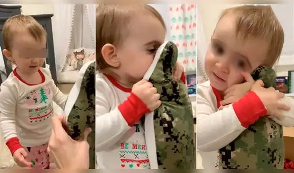Bebé tiene tierna reacción al ver muñeco con rostro de su papá que está en el ejército [VIDEO]