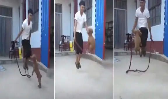 Joven salta la cuerda y su perrito lo sorprende al seguirle el ritmo