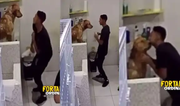 Joven le baila y besa a un perrito para que esté calmado antes de su baño
