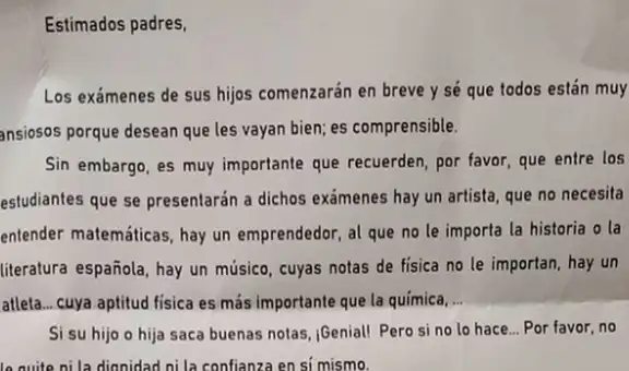 Director envía emotiva carta a los padres antes de los exámenes de sus hijos