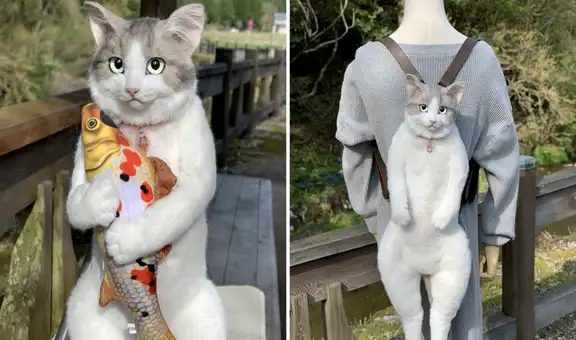 Imagen de un gato colgado como mochila confunde a usuarios con uno real