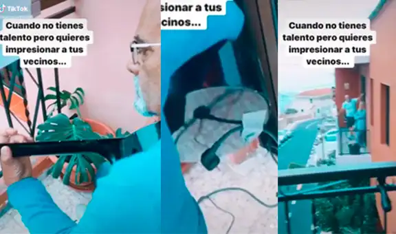Hombre finge tocar la guitarra ante la vista crédula de sus vecinos