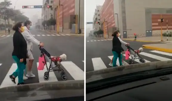 Pareja saca de paseo a su perro en cochecito para bebé en el Centro de Lima