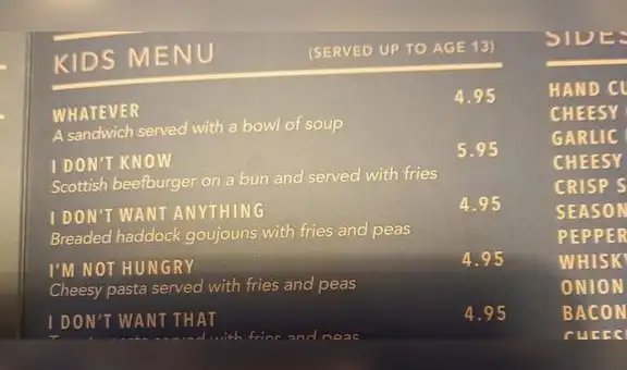 Restaurante escocés sorprende por los peculiares nombres para su menú infantil