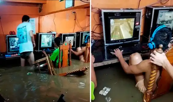 Adolescentes gamers continúan jugando pese a que cibercafé se inundaba durante tifón