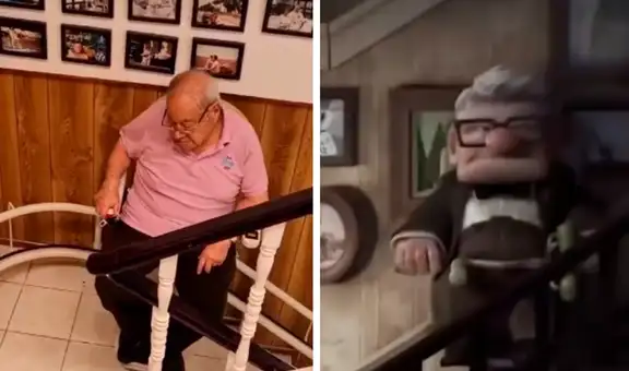 Adulto mayor recrea una escena de la película Up