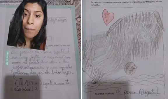 Niña responde su examen con tierna carta y un dibujo dedicado a su perrito fallecido