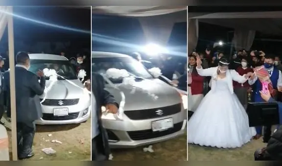 Padrinos sorprenden a pareja de novios al regalarles un auto en su boda