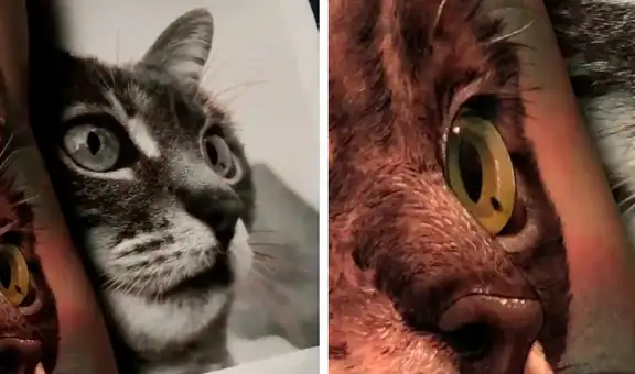 Joven se hace tatuaje con el rostro de su gato y resultado es sorprendente