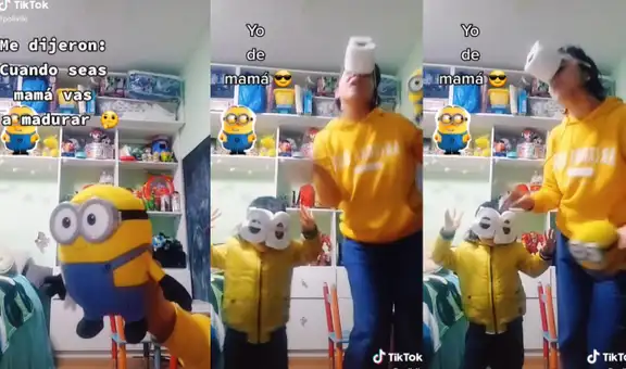 Madre utiliza papel higiénico para disfrazarse de minion y jugar con su hijo
