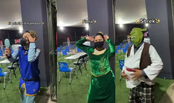 Peruanos se disfrazan de personajes de Shrek y causan sensación en su centro de vacunación