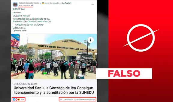 Es falso que la Universidad Nacional San Luis Gonzaga de Ica haya sido licenciada por Sunedu en setiembre de 2021
