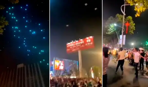 Lluvia de drones en China cae sobre una multitud en medio de espectáculo con luces