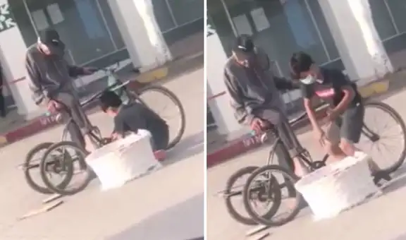 Niño ayuda a anciano y repara su bicicleta con la que sale a vender pan