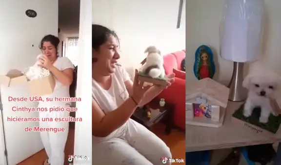 Mujer se emociona al recibir una escultura de su perrito fallecido