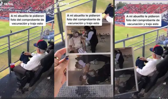 Abuelito lleva fotografías de su vacunación como comprobantes para ingresar a un estadio en México