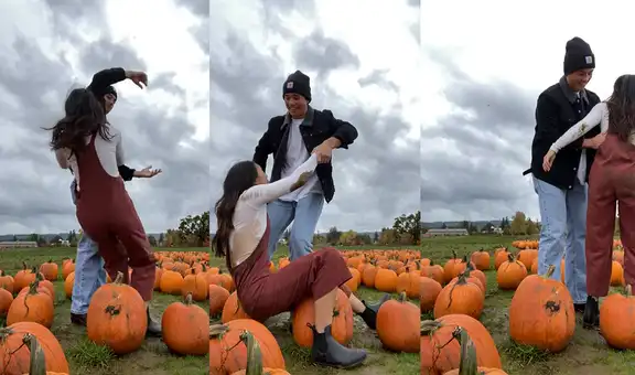 Pareja de jóvenes practica baile en huerto de calabazas, pero un paso sale mal