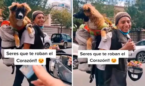 Joven lleva a su perro en la espalda para ir a trabajar y no dejarlo solo en casa