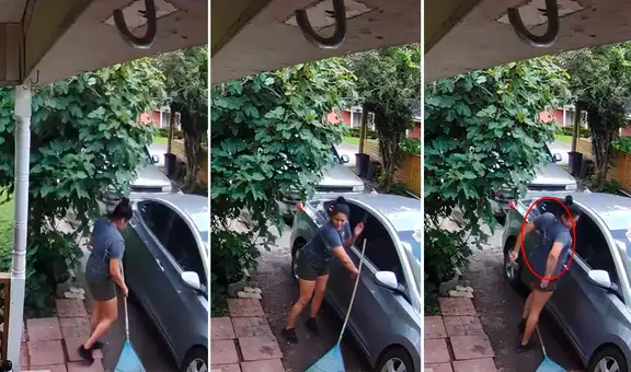 Mujer se da un gran susto al ser sorprendida por insecto mientras barría la vereda