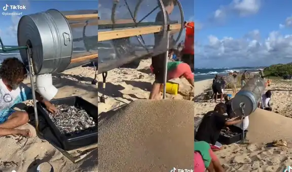 Jóvenes usan una máquina que separa la arena de la basura en la playa