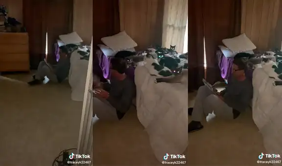 Joven tiene que leer un libro en el suelo porque sus 14 gatitos han ocupado toda su cama