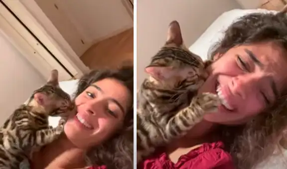 Mujer coloca su cachete cerca del hocico de su gato y este le da un efusivo beso