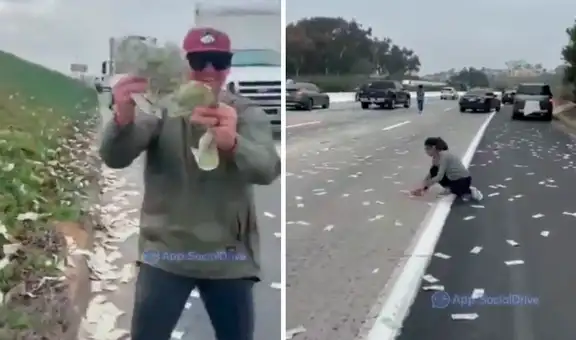 Puerta de camión de caudales se abre en la carretera y vuelan cientos de billetes