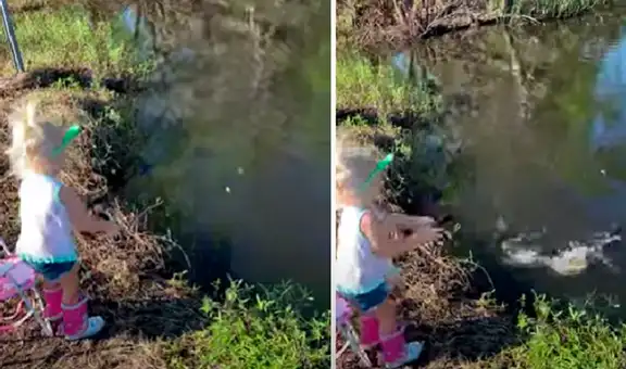 Niña intenta aprender a pescar, pero se aterra cuando un pez grande muerde el anzuelo