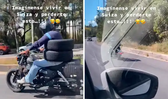 Hombre sorprende en redes por su peculiar forma de transportar neumáticos en una moto