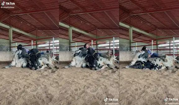 Joven enseña sus animales de granja y se acuesta encima de ellos para darles cariño