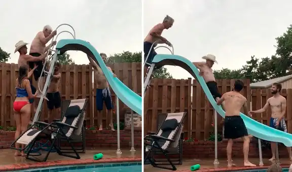 Anciano de 94 años recibe la ayuda de toda su familia para lanzarse de un tobogán de piscina