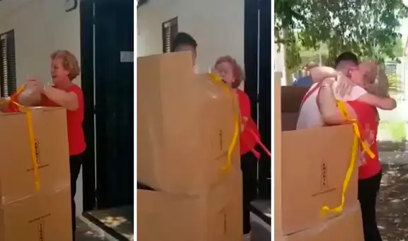 Joven se esconde en una caja para darle sorpresa a su madre tras pasar tres años sin verla