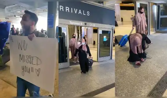 Joven se acerca al aeropuerto con tierna pancarta y flores para su madre, pero a ella no le gustó