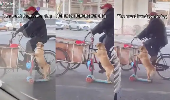 Hombre maneja un triciclo y es acompañado por su perro en un scooter