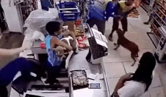 Niño ingresa a una tienda para salvar y defender a su mascota del ataque de un perro