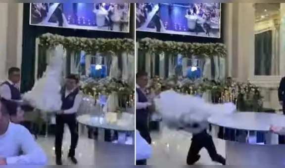 Mozos bromean con pareja de recién casados y dejan caer el pastel de bodas en plena ceremonia