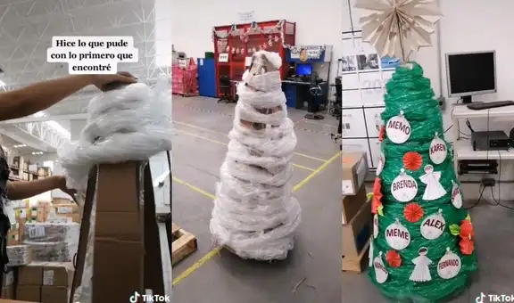 Su jefe la llama ‘Grinch’ y joven arma un árbol navideño con materiales reciclados