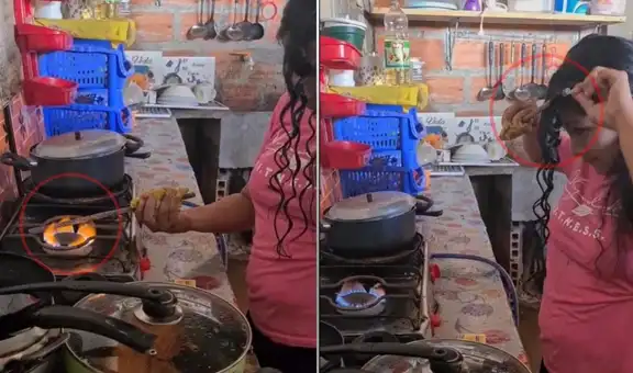 Mujer calienta una barra de acero en su hornilla para rizarse el cabello