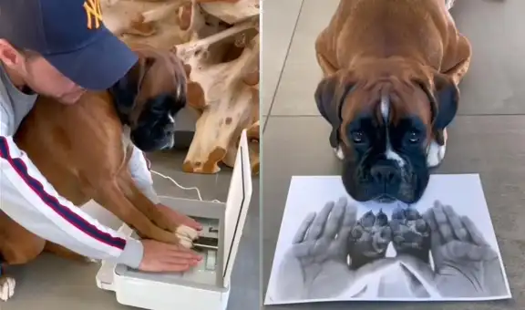 Joven coloca las patas de su perrito junto a sus manos y las escanea para el recuerdo