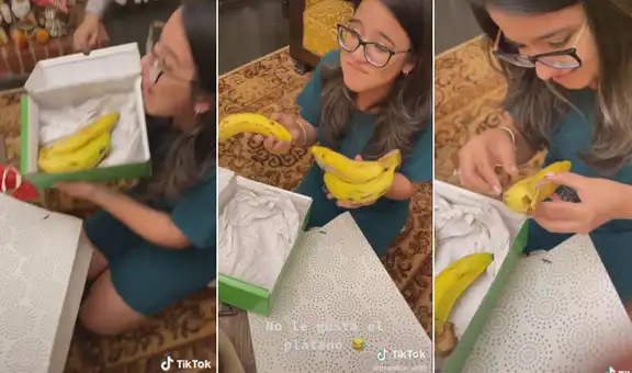 Envuelve el regalo de su amiga secreta en un plátano y ella queda sorprendida al abrirlo