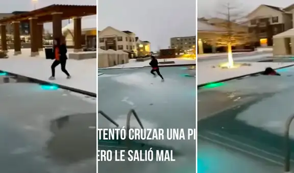 Hombre protagoniza terrible caída al intentar cruzar corriendo una piscina congelada