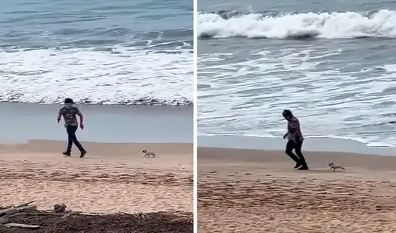 Joven protagoniza tierna escena al salir a pasear por primera vez con su mascota a la playa
