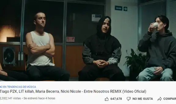 “Entre nosotros remix” de Tiago PZK, Lit killah, Maria Becerra y Nicki Nicole suma 2 000 000 de vistas