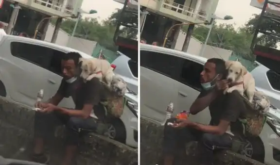 Vendedor ambulante comparte su comida con el perrito que lleva en la espalda