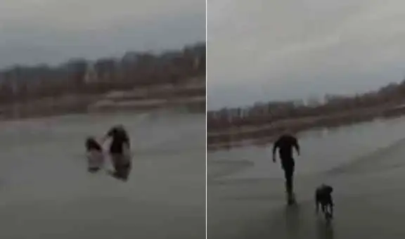 Policía ingresa a lago congelado y salva la vida de una perrita que quedó atrapada en el hielo