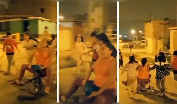 Mujer se anima a subir a un triciclo y sus sobrinos la empujan mientras corren junto a ella