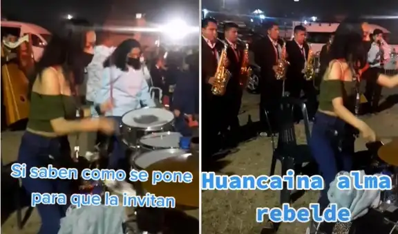 Talentosa joven toca los timbales al compás de huaylas y se roba el show de músicos