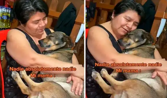Mujer abraza a su perro tiernamente y le dedica una canción de cuna