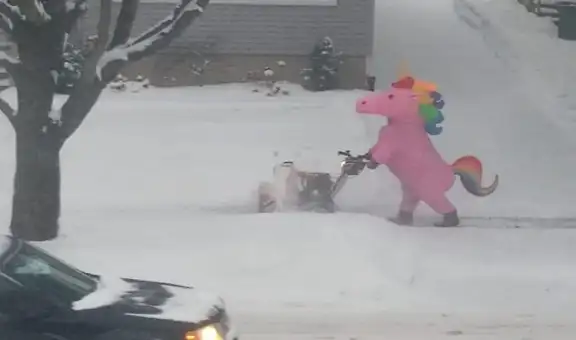 Hombre se disfraza de unicornio para sacar la nieve de su casa e impresiona a sus vecinos