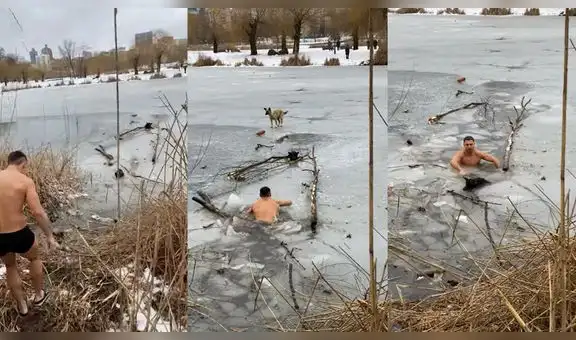 Valiente joven se metió al río congelado para salvar a un perrito que estaba dentro del agua